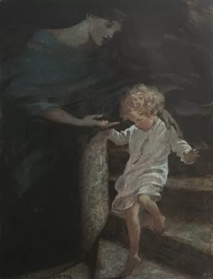 She took his hand, and giving him the broad part of the spiral stair to walk on, led him down a good way by Jessie Willcox Smith Oil Painting