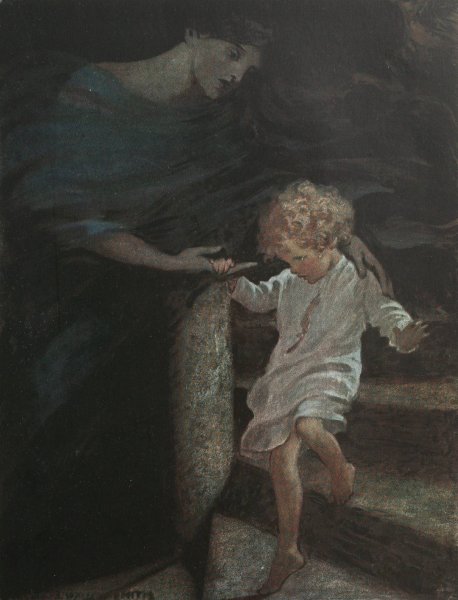She took his hand, and giving him the broad part of the spiral stair to walk on, led him down a good way  by Jessie Willcox Smith - Hand-Painted Oil Painting Reproduction