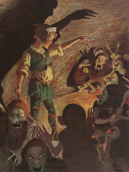 Main Product Photo of The goblins fell back a little when he began, and made horrible grimaces all through the rhyme  Painting by Jessie Willcox Smith