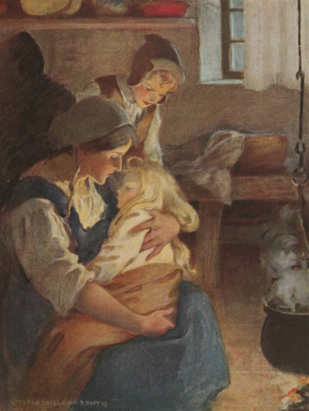 Main Product Photo of There sat his mother by the fire, and in her arms lay the prmcess fast asleep  Painting by Jessie Willcox Smith