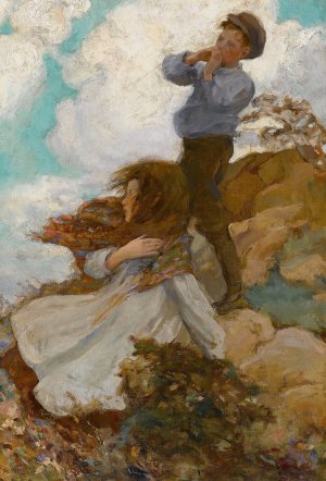 Two Children on a Windswept Hill by Jessie Willcox Smith Oil Painting