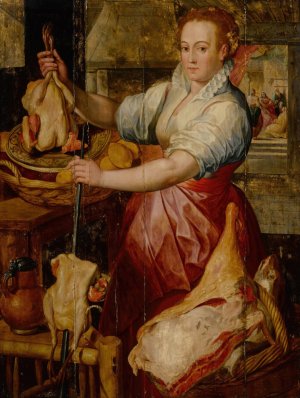Kitchen maid preparing meat with Christ in the House of Mary and Martha beyond by Joachim Beuckelaer Oil Painting