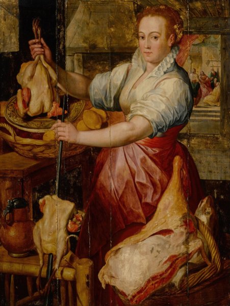 Main Product Photo of Kitchen maid preparing meat with Christ in the House of Mary and Martha beyond Painting by Joachim Beuckelaer