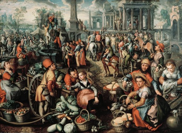 Main Product Photo of Market Scene, Ecce Homo, the Flagellation and the Carrying of the Cross  Painting by Joachim Beuckelaer