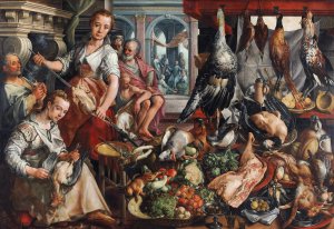 The Well-stocked Kitchen with Jesus in the House of Martha and Mary in the Background by Joachim Beuckelaer Oil Painting