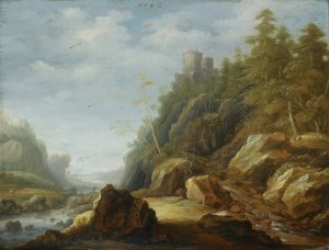 A Rocky Mountain Landscape With A Stronghold On A Hill Top, Shepherds With Their Flock Beyond by Joachim Govertsz Camphuysen Oil Painting