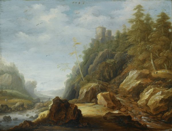 Main Product Photo of A Rocky Mountain Landscape With A Stronghold On A Hill Top, Shepherds With Their Flock Beyond Painting by Joachim Govertsz Camphuysen