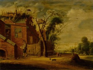 Country landscape with a hennetaster before a cottage with dovecote by Joachim Govertsz Camphuysen Oil Painting