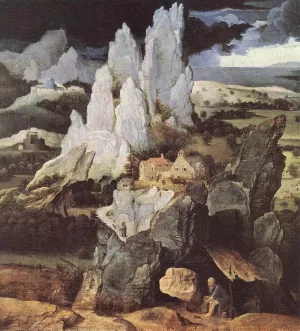 St Jerome in Rocky Landscape by Joachim Patenier Oil Painting