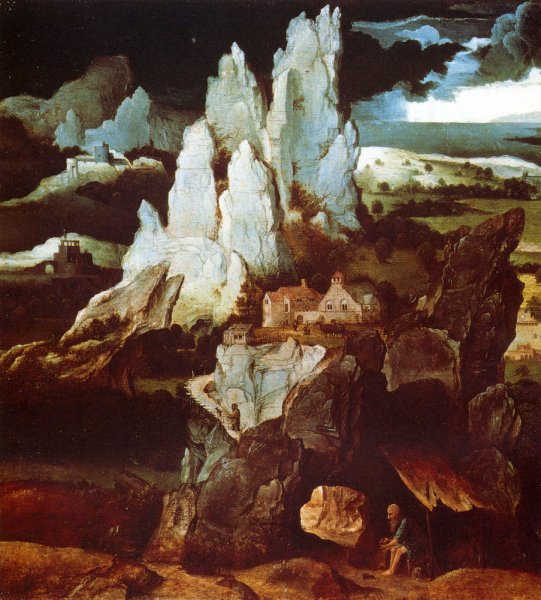 Main Product Photo of St. Jerome In A Rocky Landscape Painting by Joachim Patenier (Patinir)