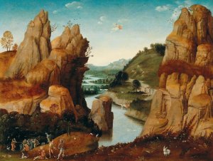 A rocky landscape with scenes from the life of Saint John the Baptist by Joachim Patinir (Follower) Oil Painting