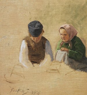 Bondedreng og syende bondepige. Studie by Joakim Skovgaard Oil Painting