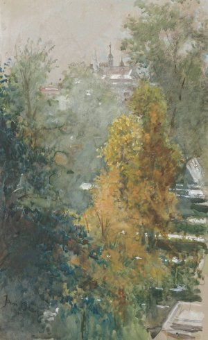 Uitzicht op bomen en gebouwen by Joan Berg Oil Painting