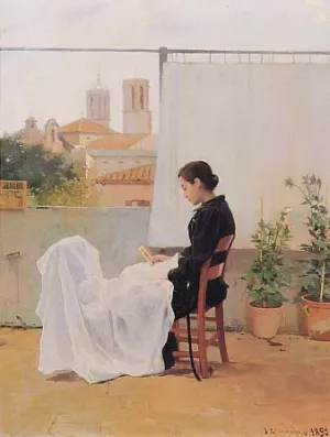 Cosiendo by Joan Llimona I Bruguera - Oil Painting Reproduction