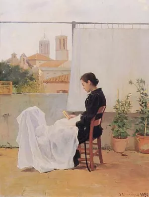 Cosiendo by Joan Llimona I Bruguera Oil Painting