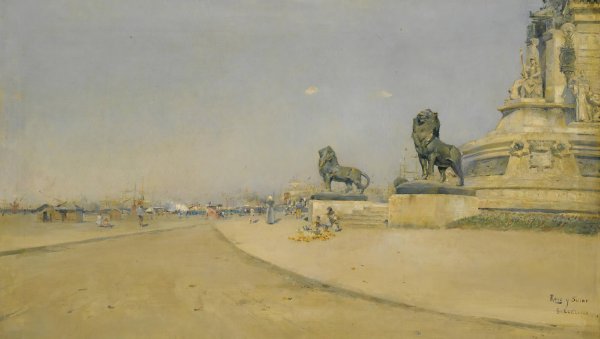 Columbus Square, Barcelona by Joan Roig I Soler - Hand-Painted Oil Painting Reproduction