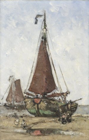 Bluff-bowed Fishing Boat on the Beach by Joannes Barnardus Antonius Maria Westerwoudt Oil Painting