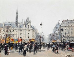 Figures bustling before the Conciergerie, Paris by Joaquin Miro Oil Painting