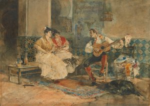 Two women in an interior listening to a guitarist by Joaquin Sorolla Oil Painting