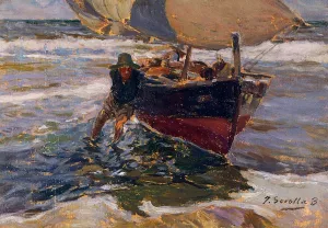 Beaching the Boat study by Joaquin Sorolla y Bastida - Oil Painting Reproduction