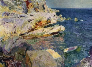 Rocks and White Boat, Javea by Joaquin Sorolla y Bastida - Oil Painting Reproduction