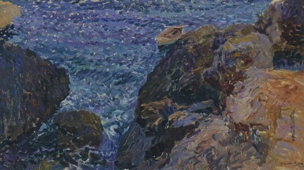 Main Product Photo of Rocks at Javea, The White Boat Painting by Joaquin Sorolla y Bastida