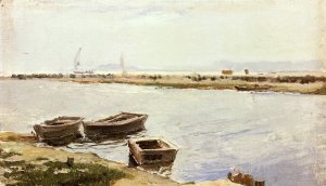 Three Boats by a Shore by Joaquin Sorolla y Bastida Oil Painting