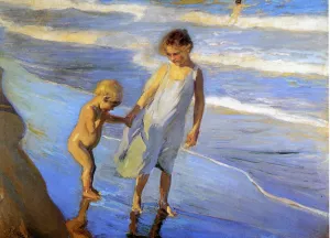 Valencia, Two Little Girls on a Beach by Joaquin Sorolla y Bastida - Oil Painting Reproduction