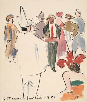 Artists' Ball; Pierrot and Figures Standing by Joaquin Torres-Garcia Oil Painting