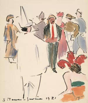 Artists' Ball; Pierrot and Figures Standing by Joaquin Torres-Garcia Oil Painting