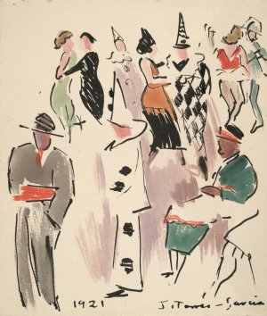 Artists' Ball; Pierrot, Harlequin, and Dancers by Joaquin Torres-Garcia Oil Painting