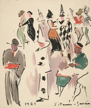 Artists' Ball; Pierrot, Harlequin, and Dancers by Joaquin Torres-Garcia Oil Painting