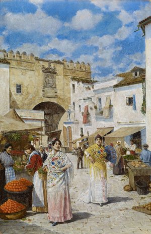 At the Market by Joaquin Turina Y Areal Oil Painting