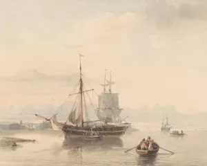 Rivierlandschap met sloepen en zeilschepen by Johan Adolph Rust Oil Painting