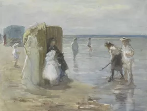 Gezicht langs de vloedlijn aan het Scheveningse strand, met twee dames en kinderen by Johan Antonie De Jonge Oil Painting
