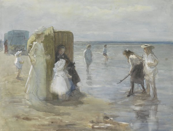 Gezicht langs de vloedlijn aan het Scheveningse strand, met twee dames en kinderen  by Johan Antonie De Jonge - Hand-Painted Oil Painting Reproduction