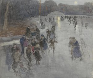 IJsvermaak bij maanlicht, op een bevroren vijver in het Haagse Bosch by Johan Antonie De Jonge Oil Painting