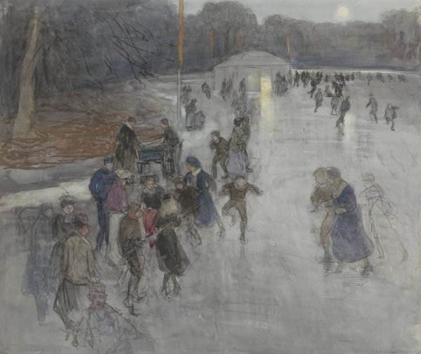 IJsvermaak bij maanlicht, op een bevroren vijver in het Haagse Bosch  by Johan Antonie De Jonge - Hand-Painted Oil Painting Reproduction