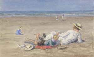 Rustend kindermeisje met twee kinderen op het strand by Johan Antonie De Jonge Oil Painting