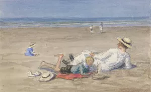 Rustend kindermeisje met twee kinderen op het strand by Johan Antonie De Jonge Oil Painting