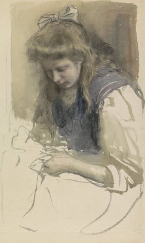 Studie van een handwerkend meisje in matrozenjurk by Johan Antonie De Jonge Oil Painting
