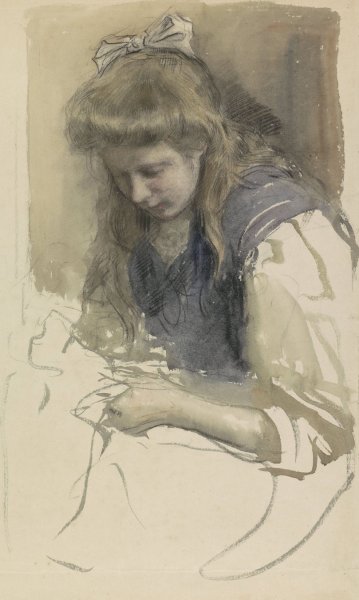 Studie van een handwerkend meisje in matrozenjurk  by Johan Antonie De Jonge - Hand-Painted Oil Painting Reproduction
