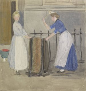 Twee dienstmeisjes, die een mat uitkloppen voor een stadshuis by Johan Antonie De Jonge Oil Painting