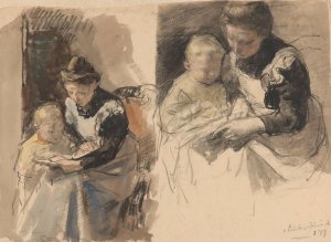Twee studies van een dienstmeid die een jongetje aan haar schoot leert lezen by Johan Antonie De Jonge Oil Painting