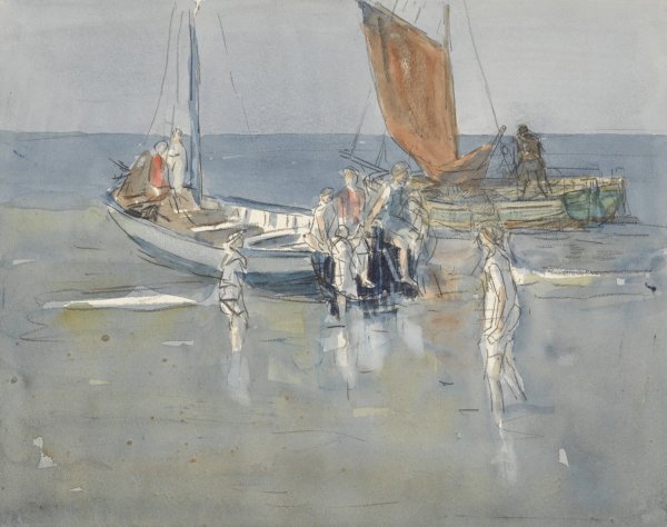 Vissersschepen op het strand van Scheveningen  by Johan Antonie De Jonge - Hand-Painted Oil Painting Reproduction