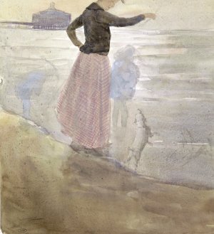 Vrouw met twee kinderen en een hondje aan het strand by Johan Antonie De Jonge Oil Painting