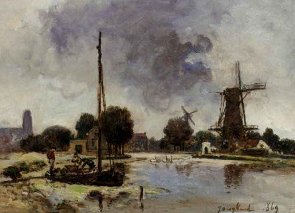 Main Product Photo of A Sailboat Moored on the Bank of a Stream Painting by Johan-Barthold Jongkind