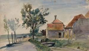 A Stream Running between Houses and a Road Oil painting by Johan Barthold Jongkind