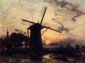 Boatman by a Windmill at Sundown by Johan-Barthold Jongkind - Oil Painting Reproduction