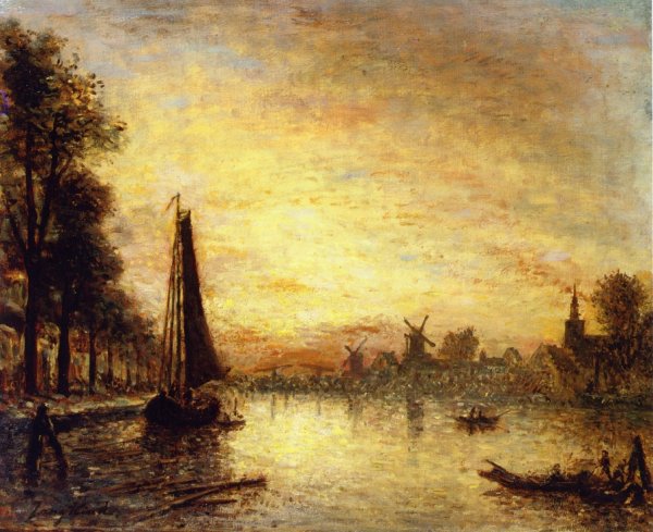Boats at the Quay, Holland by Johan-Barthold Jongkind - Hand-Painted Oil Painting Reproduction